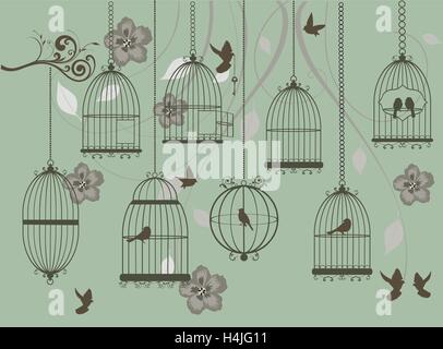 vector illustration of vintage card with birds, cages, floral swirls Stock Vector
