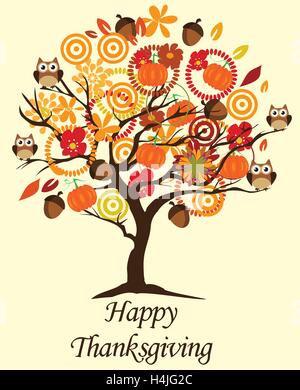vector illustration of a thanksgiving tree with owls pumpkins leaves flowers Stock Vector