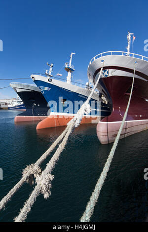Harbour with brightly coloured trawlers dockside and mooring lines from quayside to ships Stock Photo