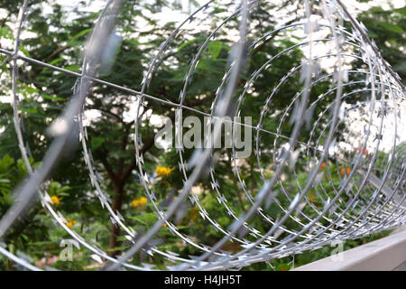 Secured with razor wire on top of the iron fence . Stock Photo