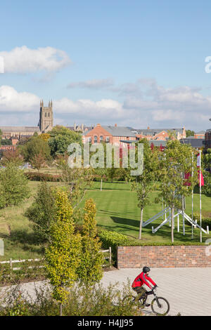 Worcester and the new Diglis riverside development with the Cathedral in the distance, Worcester, Worcstershire, England, UK Stock Photo