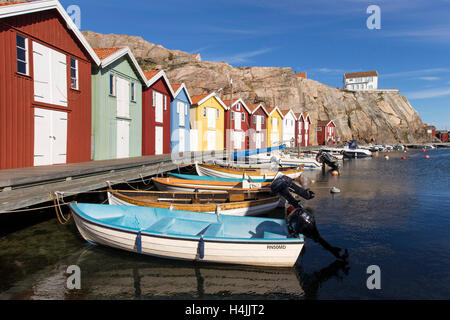 Landed boats, fishing huts Smögen, Bohuslän, West Sweden, Sweden Stock Photo