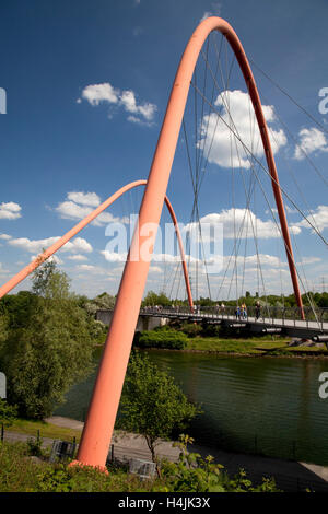 Double-arch bridge over the Rhine-Herne Canal, Zeche Nordstern mine, Nordsternpark park, Gelsenkirchen, Ruhrgebiet region Stock Photo