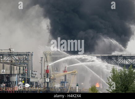 Ludwigshafen, Germany. 17th Oct, 2016. Heavy snmoke and flames rise over the premises of the chemical company BASF in Ludwigshafen, Germany, 17 October 2016. Numerous people went missing after a huge explosion on the company grounds and several are injured, according to city and company. Photo: Frank Rumpenhorst/dpa/Alamy Live News Stock Photo