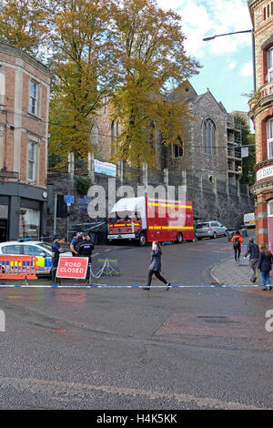 Bristol, UK. 17th October, 2016. Roads remained closed for much of the day following a fire at the church of St Michael on the Mount Without on 16th October. The church, which was originally built in the 15th century and has been redundant since 1999, lost much of its roof in the fire which Avon Fire and Rescue Service have stated was started deliberately. Credit:  Keith Ramsey/Alamy Live News