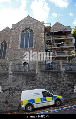 Bristol, UK. 17th October, 2016. Roads remained closed for much of the day following a fire at the church of St Michael on the Mount Without on 16th October. The church, which was originally built in the 15th century and has been redundant since 1999, lost much of its roof in the fire which Avon Fire and Rescue Service have stated was started deliberately. Credit:  Keith Ramsey/Alamy Live News