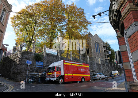 Bristol, UK. 17th October, 2016. Roads remained closed for much of the day following a fire at the church of St Michael on the Mount Without on 16th October. The church, which was originally built in the 15th century and has been redundant since 1999, lost much of its roof in the fire which Avon Fire and Rescue Service have stated was started deliberately. Credit:  Keith Ramsey/Alamy Live News