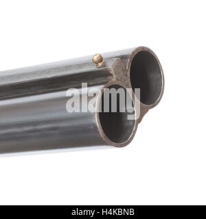 Front end of the barrels on a double barreled shotgun isolated on white Stock Photo