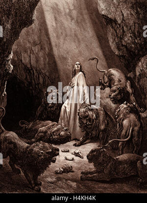 Daniel in the Den of Lions, by Gustave Dore, 1832 - 1883, French. Engraving for the Bible. 1870, Art, Artist, Holy Book Stock Photo