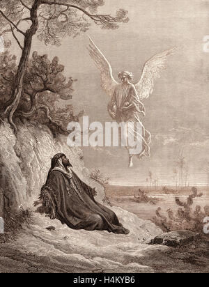 Elijah Nourished by an Angel, by Gustave Doré, 1832 - 1883, French. (1 Kings 19:1-21) Engraving for the Bible. 1870, Art Stock Photo