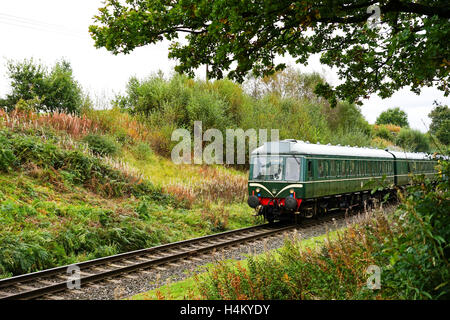 Local commuter diesel trian passing through Burrs Country Park, Bury, Lancashire,UK. Stock Photo