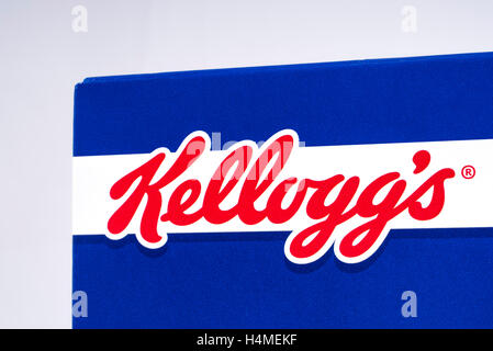 LONDON, UK - OCTOBER 13TH 2016: A close-up of the Kelloggs logo on a packet of Frosties, on 13th October 2016. Stock Photo
