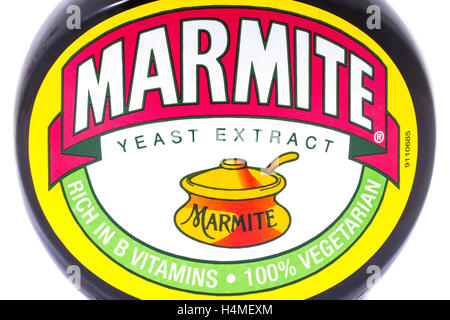 LONDON, UK - OCTOBER 13TH 2016: A shot of the label on a jar of Marmite over a plain white background. Stock Photo