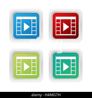 Set of squared colorful buttons with movie symbol in blue, green and red colors Stock Photo