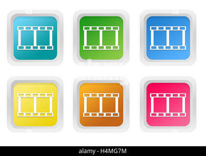 Set of squared colorful buttons with movie symbol in blue, green, yellow, pink and orange colors Stock Photo