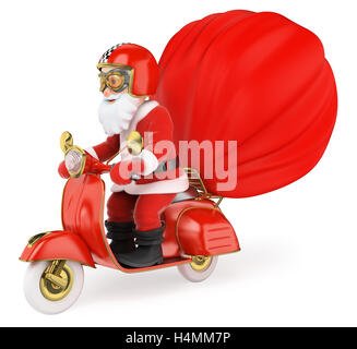 3d christmas people illustration. Santa Claus delivering gifts by motorcycle. Isolated white background. Stock Photo