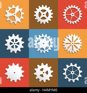 Different white cogwheel set. Isolated on colorful background. Flat style. Stock Vector