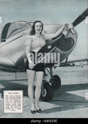 Vintage magazine back cover dated February 1947 showing The Ryan Navion four seat airplane of the 1940s advertised with a glamorous female model in the photo. Navion was designed by North American Aviation for the civilian market. Cover is from the Air Reserve Gazette (later known as Air Pictorial) Stock Photo