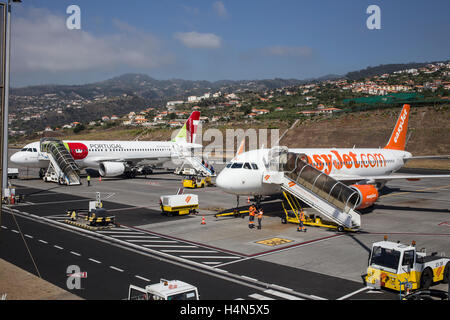 Eastjet & TAP Portugal Airlines A320 Planes at Madeira Airport, Funchal Stock Photo