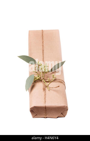 Parcels gift box with kraft paper, isolated image Stock Photo