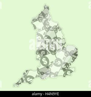 Map England covered in money, bank notes of one hundred dollars. On the map there is glass reflection. Conceptual. Stock Vector