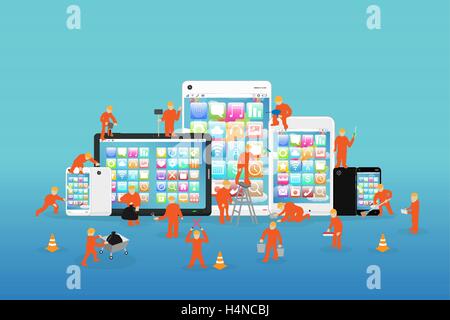 mini workers working on a smartphone and tablet Stock Vector