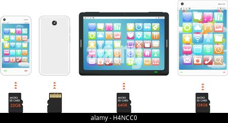 Smartphone and tablet with Micro SD memory card Stock Vector