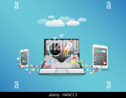 Laptop smart phone and tablet transferring data with hi speed internet Stock Vector