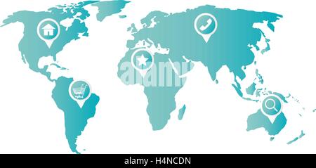 home cart phone favorite magnifying glass icon on a world map Stock Vector