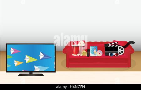 smart tv with pop corn film cd disc dvd movie box smart television film remote ticket emotion mask 3d glasses Stock Vector