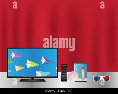 Smart TV wtih remote dvd movie box and 3d glasses Stock Vector