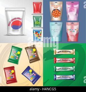 Vector set of colored polyethylene pack for candy and sweets mockup ready for your design Stock Vector