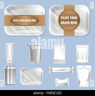Vector set of food trail and white polyethylene foil package for sugar, bubble gum, sweets and candies mockup ready for your des Stock Vector