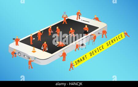 mini worker working on a smartphone Stock Vector