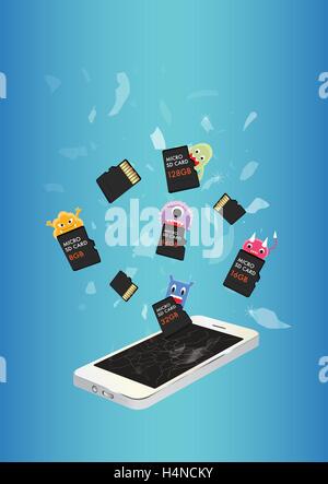 Smartphone Virus eating micro SD memory card Stock Vector