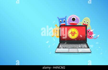 Virus computer destroying laptop Stock Vector