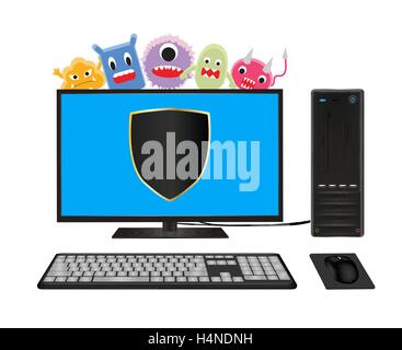 desktop computer with virus protection Stock Vector