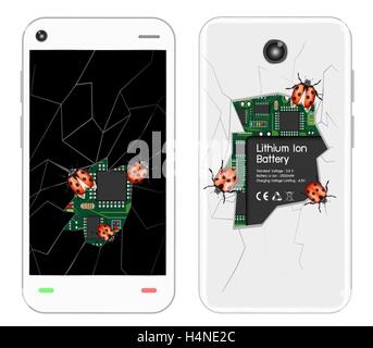 broken smartphone with bugs Stock Vector