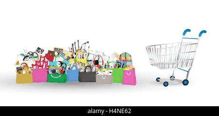 Shopping bags with many object inside with shopping cart Stock Vector