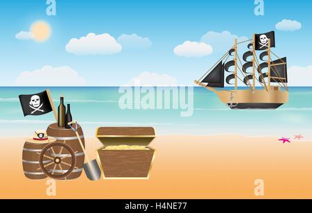 pirate treasure with pirate ship scene at beach Stock Vector