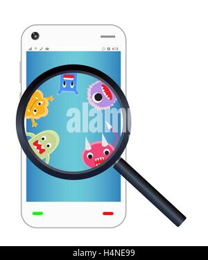 magnify glass found virus on smartphone Stock Vector