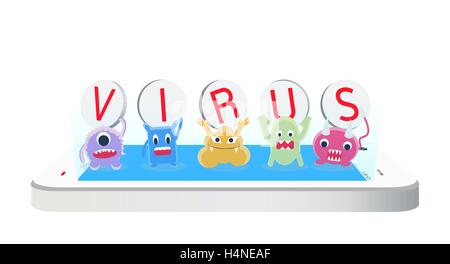 virus cartoon character on a smartphone Stock Vector