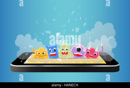 virus cartoon character on a smartphone Stock Vector