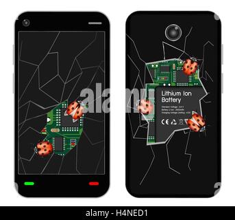 broken smartphone with bugs Stock Vector