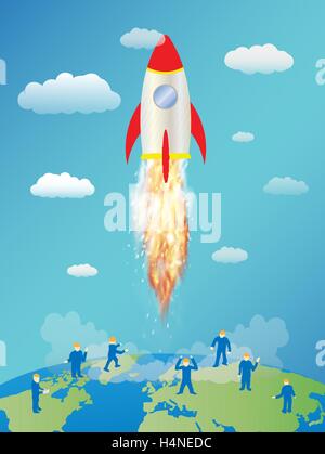 toy space rocket launching and mini worker on earth Stock Vector