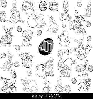 Black and White Cartoon Illustration of Easter Characters and Objects Clip Art Set Stock Vector