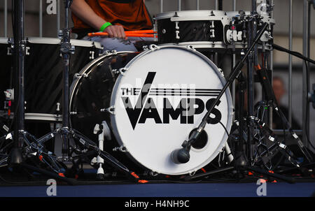 A detailed view of The Vamps' drum kit on stage during the Olympic and Paralympic athletes heroes' return in London. PRESS ASSOCIATION Photo. Picture date: Tuesday October 18, 2016. See PA story SPORT Olympics. Photo credit should read: Dominic Lipinski/PA Wire Stock Photo
