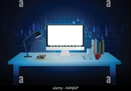 Computer blank screen on work table of investor. Stock Vector