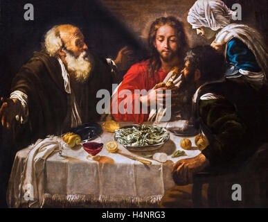 'Christ and the Disciples at Emmaus' by a follower of Caravaggio, before 1614 or c.1621. The artist, possibly Genoan, was influenced by Dutch successors to Caravaggio. Stock Photo