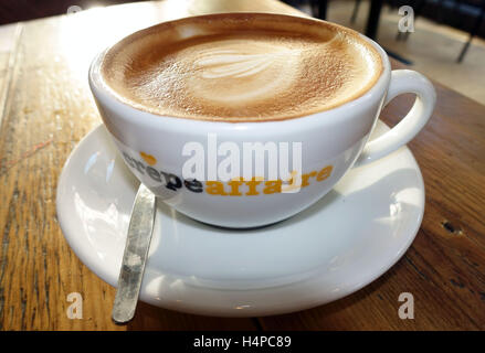 Latte coffee in Crepe Affaire pancake cafe, Islington, London Stock Photo